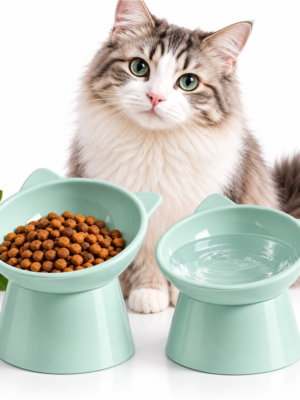 Adjustable Cat Food and Water Bowl Set - Mint